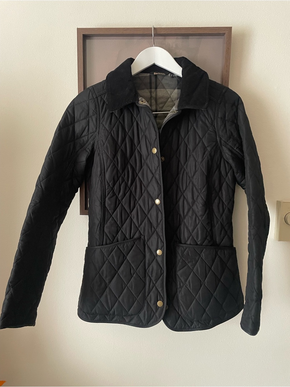 Barbour Winter Tartan Diamond Quilted Corduroy Collar Barn Jacket Black US 4